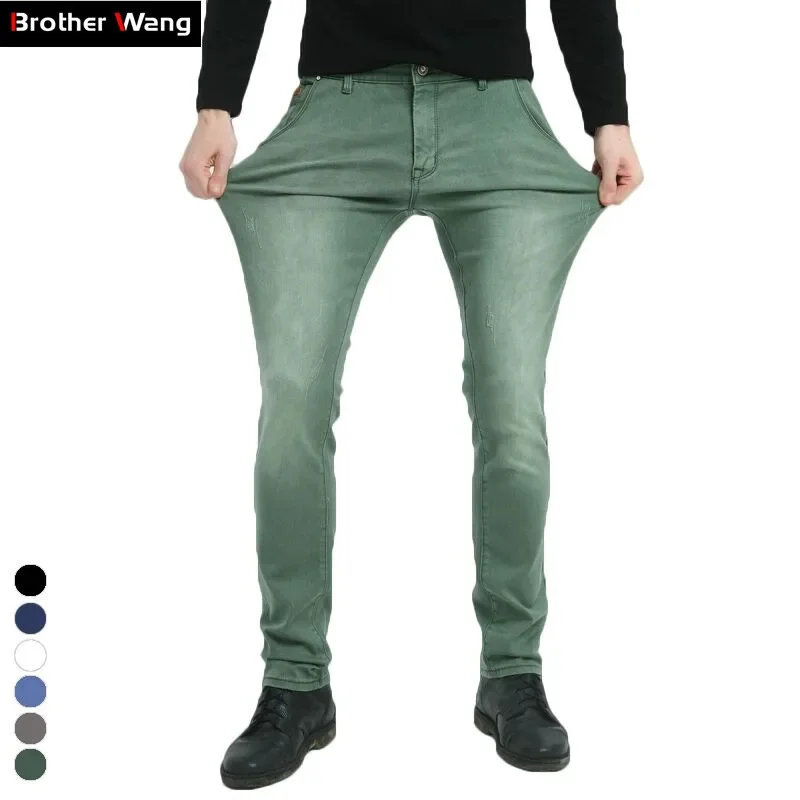 

Wang Brother Brand 2024 New Men's Elastic Jeans Fashion Slim Skinny Casual Pants Trousers Jean Male Green Black Blue
