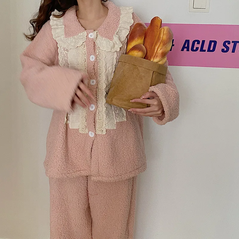 Новинка зимняя женская пижама розовая плюшевая Милая Кружевная бархатная утепленная Домашняя одежда костюм кружевная теплая пижама одежда для отдыха