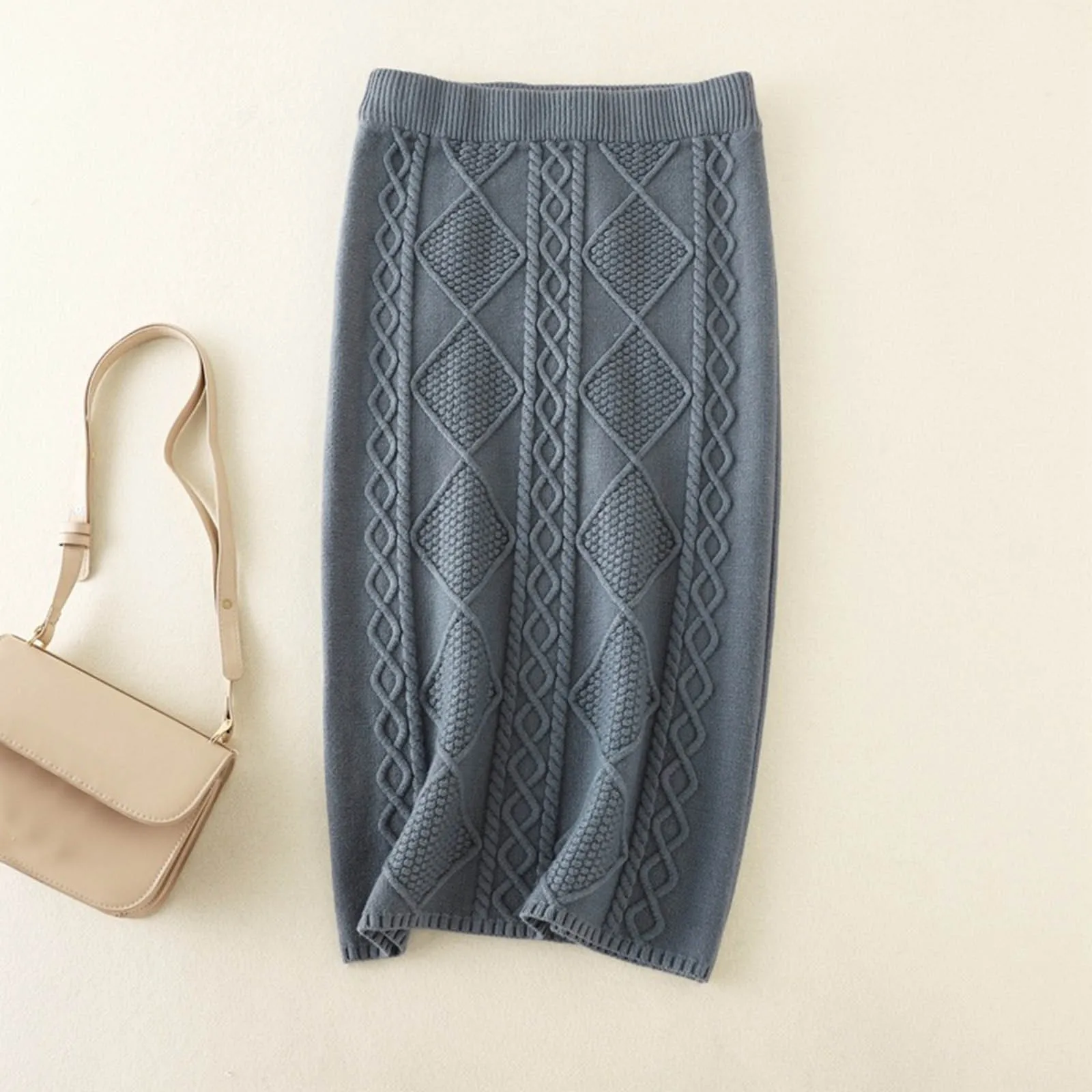 

Autumn Winter Women Retro Twisted Rhombic Plaids Crocheted Knitted Skirt Korean Fashion High Waist Slim Long Skirt