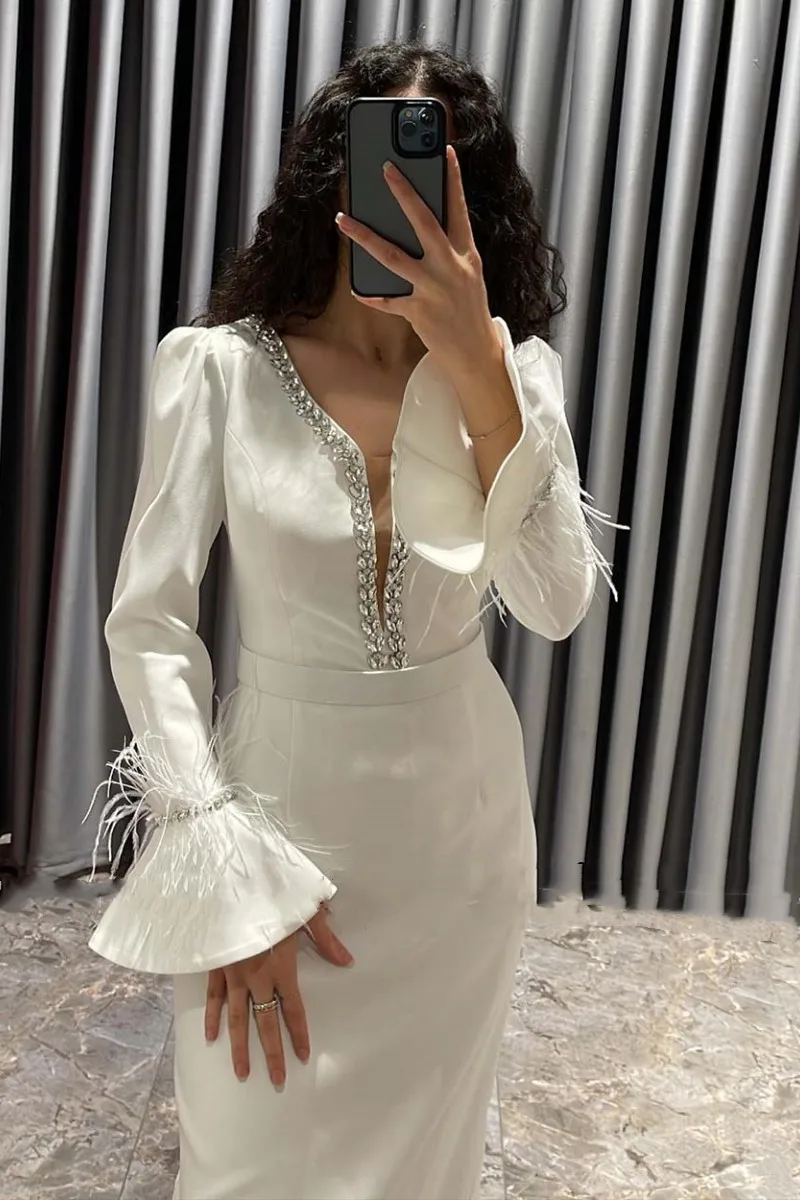 

AsaNagi V-Neck Flare Sleeve Beads Slim Satin Prom Dresses Elegant Women 2023 Tea-Length Simple Outside Cocktail Party Dress