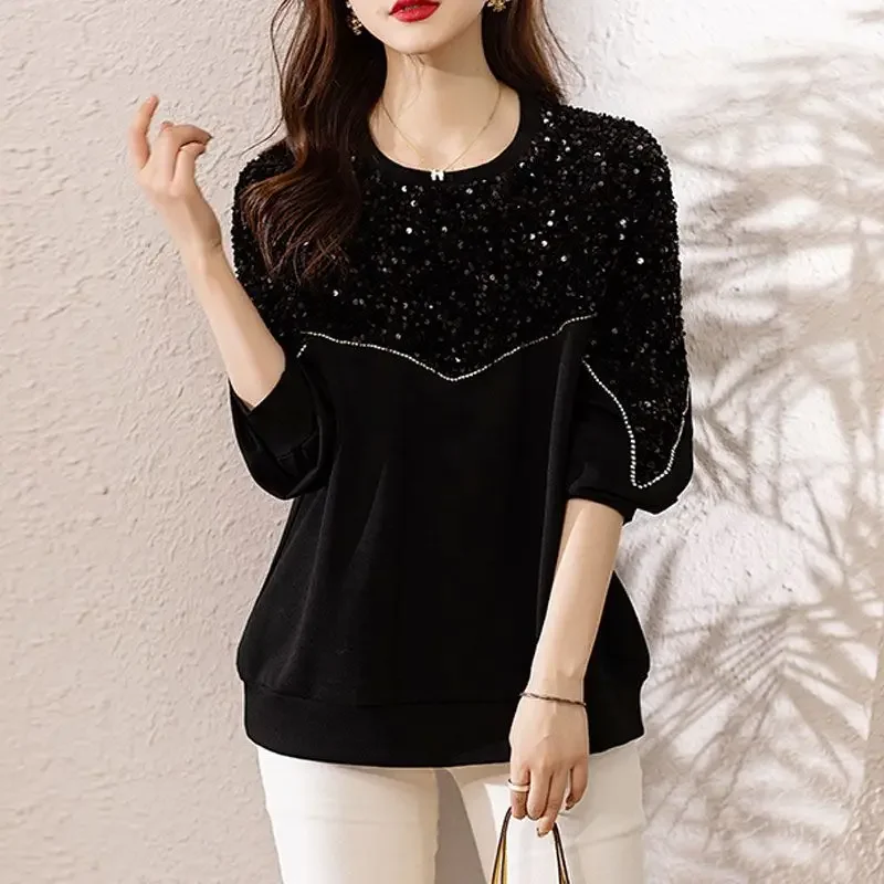 

Black Top for Women 2023 Woman T-shirt Loose Tshirt Rhinestone Sequin Grey Tee Glitter Clothing New in Kpop Alt Causal One Piece