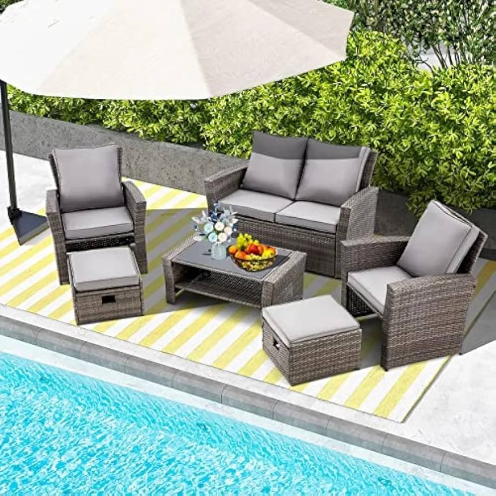 Patio Furniture Set 6 Piece, Outdoor Sectional Conversation Rattan Sofa Set with Ottoman and Storage Table, Garden Sofas
Patio Furniture Set 6 Piece, Outdoor Sectional Conversation Rattan Sofa Set with Ottoman and Storage Table, Garden Sofas