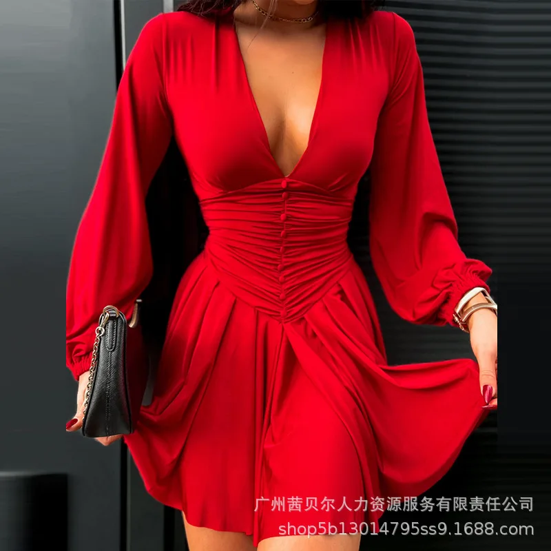 

Women Dress Deep V Neck Short A Line Dresses Pleated Slim Fit Tight High Waist Full Lantern Sleeve Splice Sexy 2023 Autumn