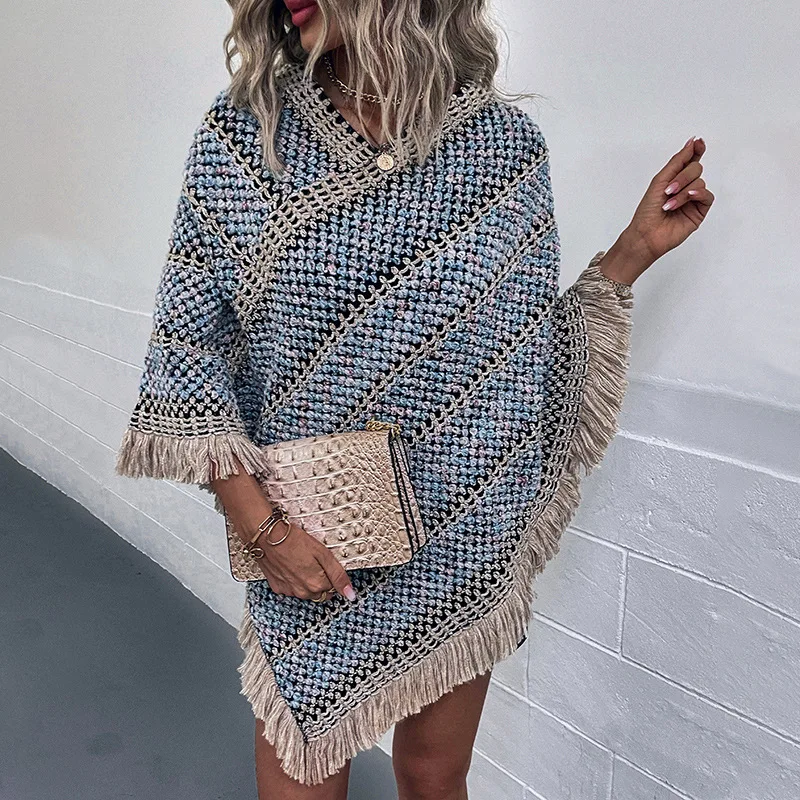 

6 Colors Women Striped Knits Triangle Long Pullover V Neck Loose Sweater Autumn Streetwear Knitted Tassel Poncho Warm Knitwear