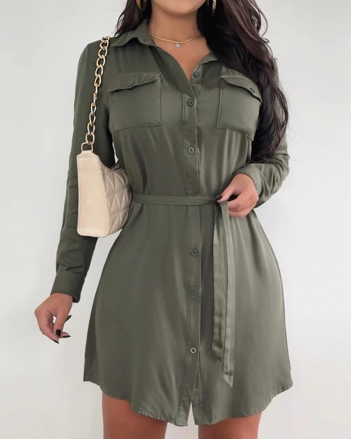 

Women's Dress 2024 Spring Turn Down Collar Ribbed Lace Up Buttoned Tied Detail Long Sleeve High Waist A Line Mini Shirt Dress