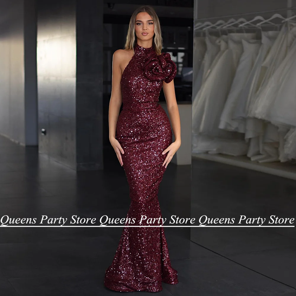 

Sexy Burgundy Mermaid Evening Dress Halter Sleeveless Open Back Floor Length Sequined Prom Dresses Formal Party Gown Robe Soiree