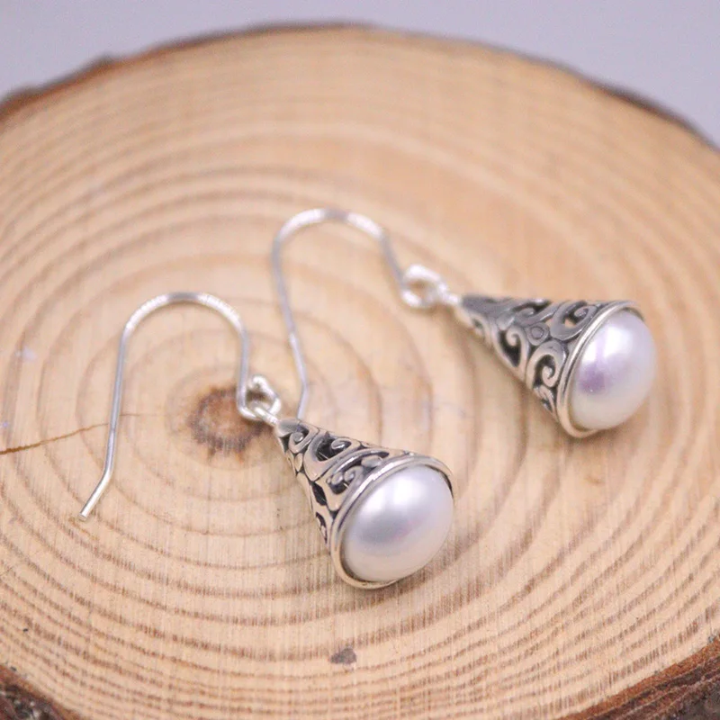 

Natural Freshwater Pearl Earrings For Women Sterling Silver 925 Earrings Dangle Pearl Gemstone Vintage Pattern Silver Gift