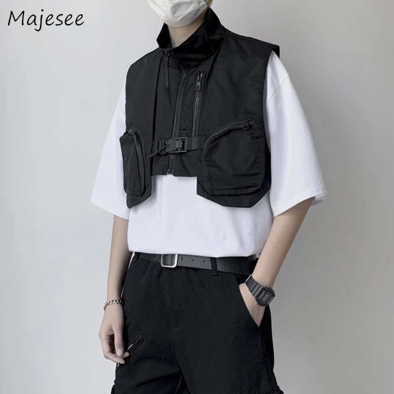 

Black Crop Vests Men Y2k Tactical Clothes Cargo Waistcoats American Streetwear Zip-Up Handsome Chaqueta Fashion Military Cool