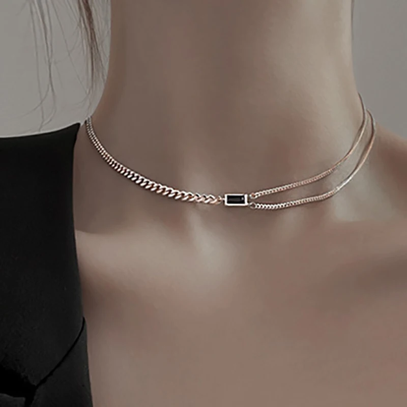 

925 Sterling Silver Black Zircon Necklace Party Jewelry for Women New Fashion Double-layered Clavicle Chain Holiday Accessories