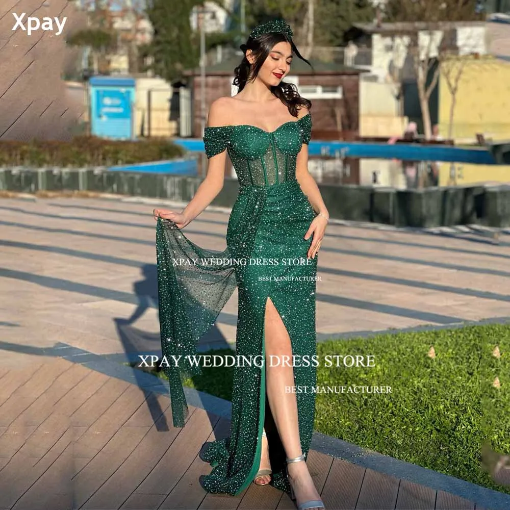 

XPAY Saudi Arabic Sweetheart Sequins Evening Party Dresses Off Shoulder Mermaid Floor Length Simple Prom Gowns Occasion Event