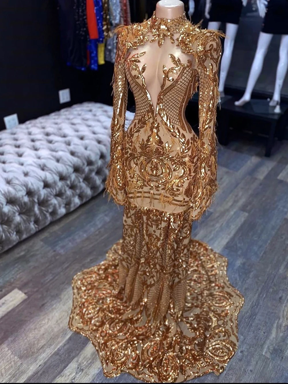 

Sparkly Gold Sequin Long Mermaid Prom Dresses 2023 High Neck Full Sleeve See Through African Women Black Girls Evening Gowns