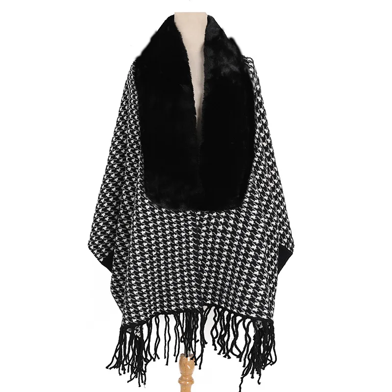 

Autumn Winter New Imitation Wool Collar Knitted Shawl Women Warm Tassels Long Sleeve Poncho Lady Capes Pink Cloaks