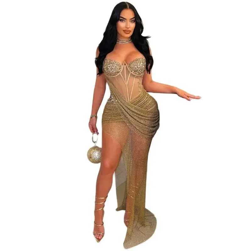 Fashion See-through Mesh Side Split Hem Dresses Women Slim Fit Wrap Bust Diamond Decoration Dress Female Party Floor-length Gown
Fashion See-through Mesh Side Split Hem Dresses Women Slim Fit Wrap Bust Diamond Decoration Dress Female Party Floor-length Gown