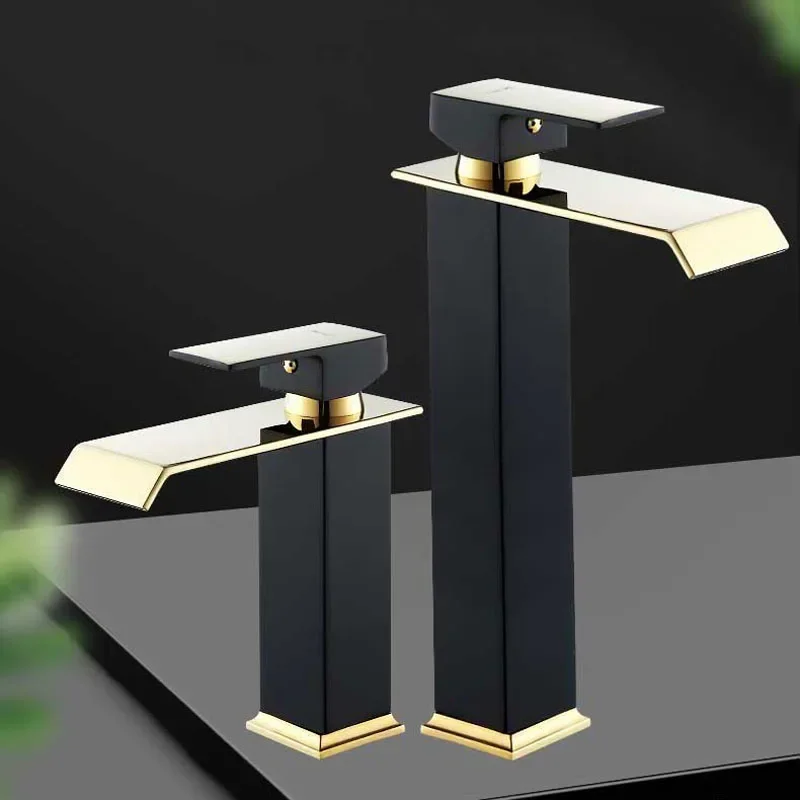 

Basin Faucet Gold and Black Waterfall Faucet Brass Bathroom Wash Basin Mixer Tap Hot and Cold Water Vanity Vessel Sink Faucets