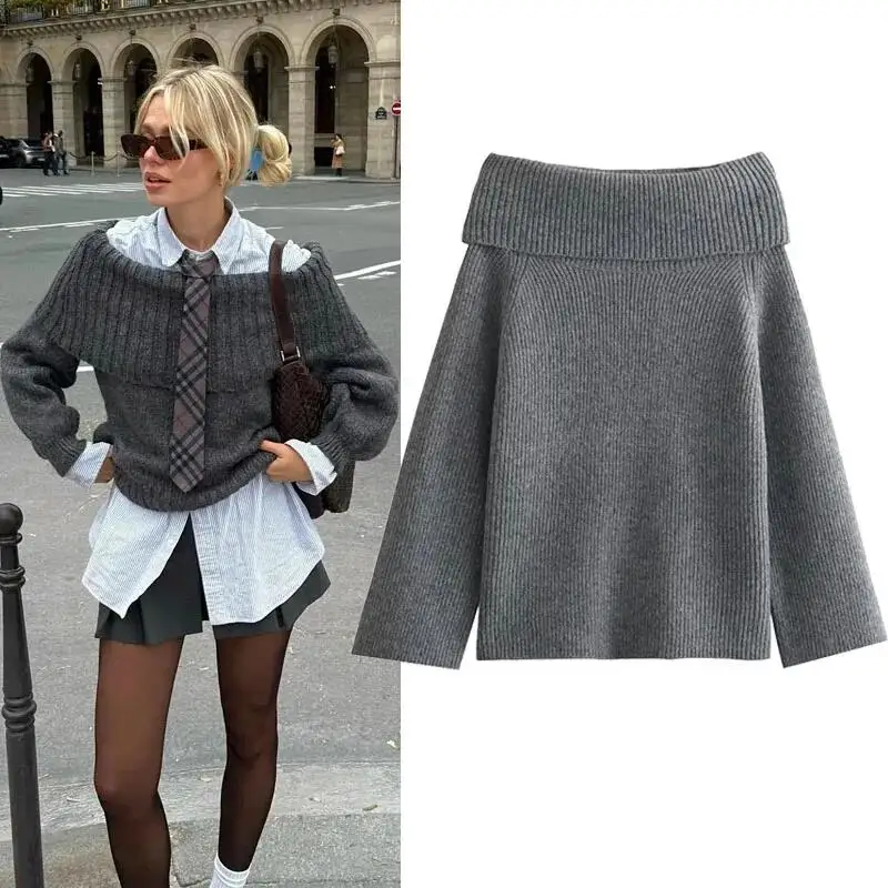 TRAF Off Shoulder Sweater Woman Autumn Fashion Straight Neck Long Sleeve Gray Knitted Tops Warm Stretchy Pullover Women's Jumper
TRAF Off Shoulder Sweater Woman Autumn Fashion Straight Neck Long Sleeve Gray Knitted Tops Warm Stretchy Pullover Women's Jumper
