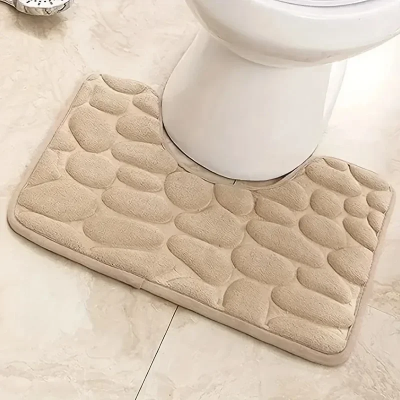 

1pc Solid Color Toilet Rugs U-shaped Absorbent Cobblestone Embossed Bathroom Decor Floor Mat Coral Fleece Non-slip Bath Carpet