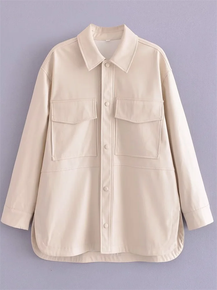 MESTTRAF Women Fashion Solid Color Faux Leather with Pockets Loose Shirt Retro Long Sleeve Side Slit Female Blouses Streetwear
MESTTRAF Women Fashion Solid Color Faux Leather with Pockets Loose Shirt Retro Long Sleeve Side Slit Female Blouses Streetwear