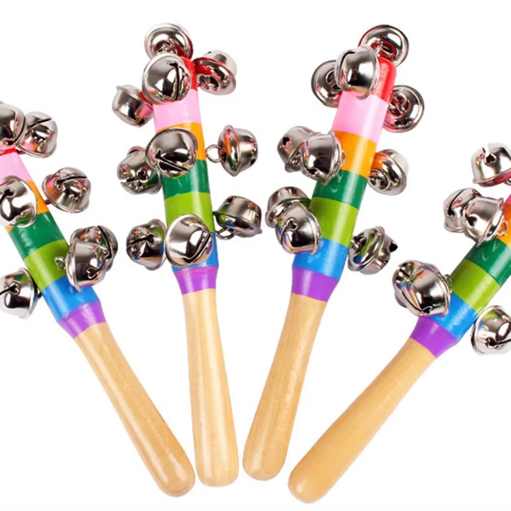 

Hand Held Bell Stick Wooden with 10 Metal Jingles Ball Colorful Rainbow Percussion Musical Toy for KTV Party Kids Game