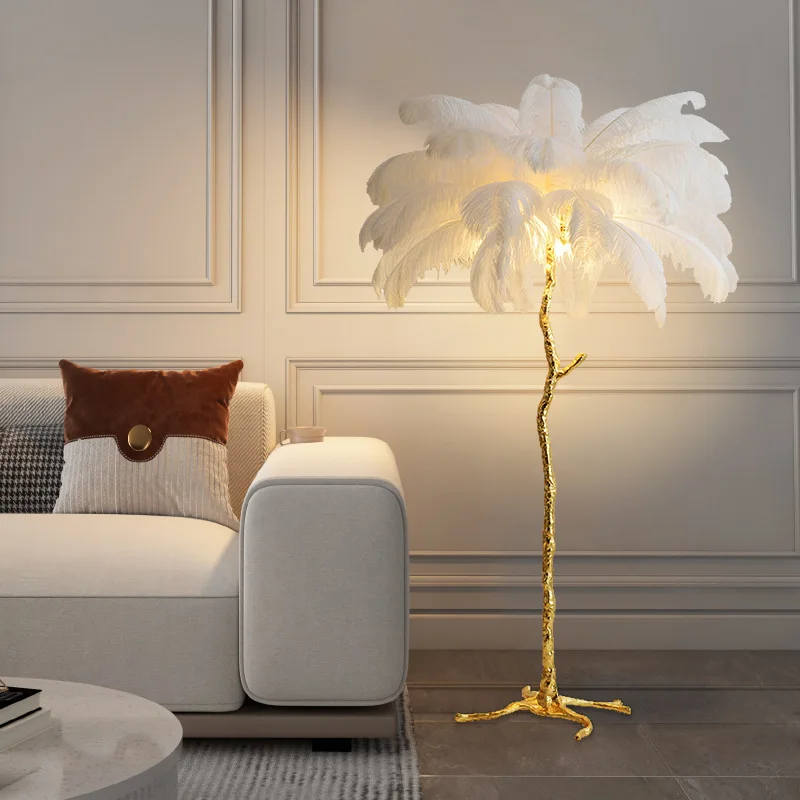 

Ostrich Feather Floor Lamp for wedding party dec Luxury Camel Color Tree Branch Corner Standing Atmosphere Decor LED Lighting