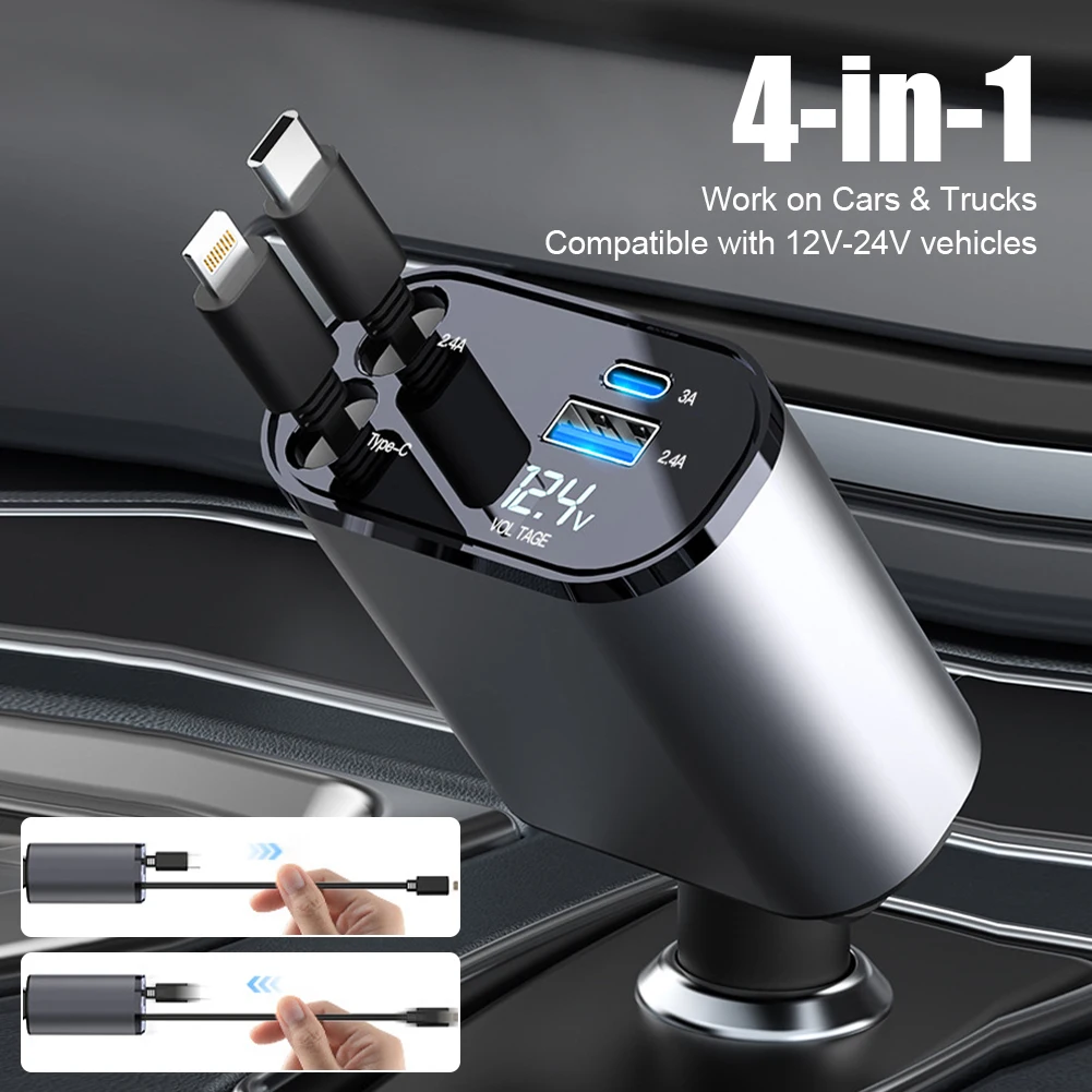 100W Car Charger 4 IN 1 Dual USB Ports with 2 Telescopic Cable Fast Charging Cigarette Lighter Adapter for iPhone Huawei Samsung
100W Car Charger 4 IN 1 Dual USB Ports with 2 Telescopic Cable Fast Charging Cigarette Lighter Adapter for iPhone Huawei Samsung