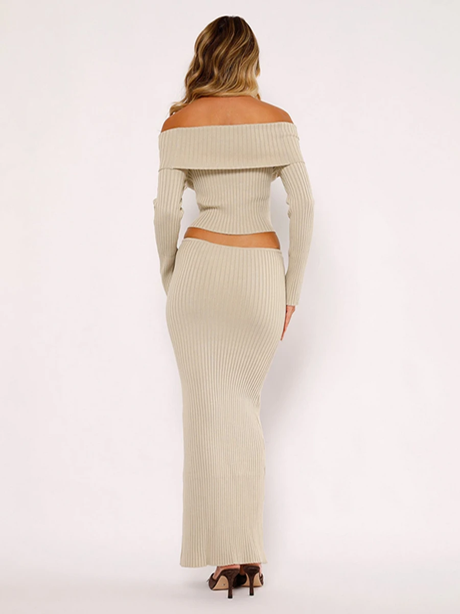 

Women Two Piece Outfits Solid Color Off Shoulder Long Sleeve Ribbed Knit Tops and Long Skirt Set Spring Fall Loungewear