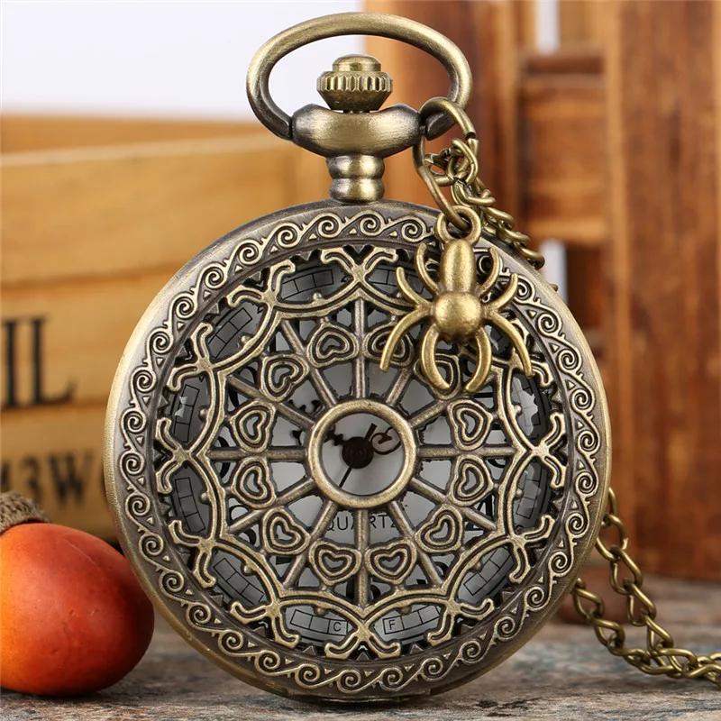 

Bronze Hollow Out Spider Web Design Retro Quartz Analog Pocket Watch Sweater Necklace Chain Arabic Number Timepiece Clock Gift