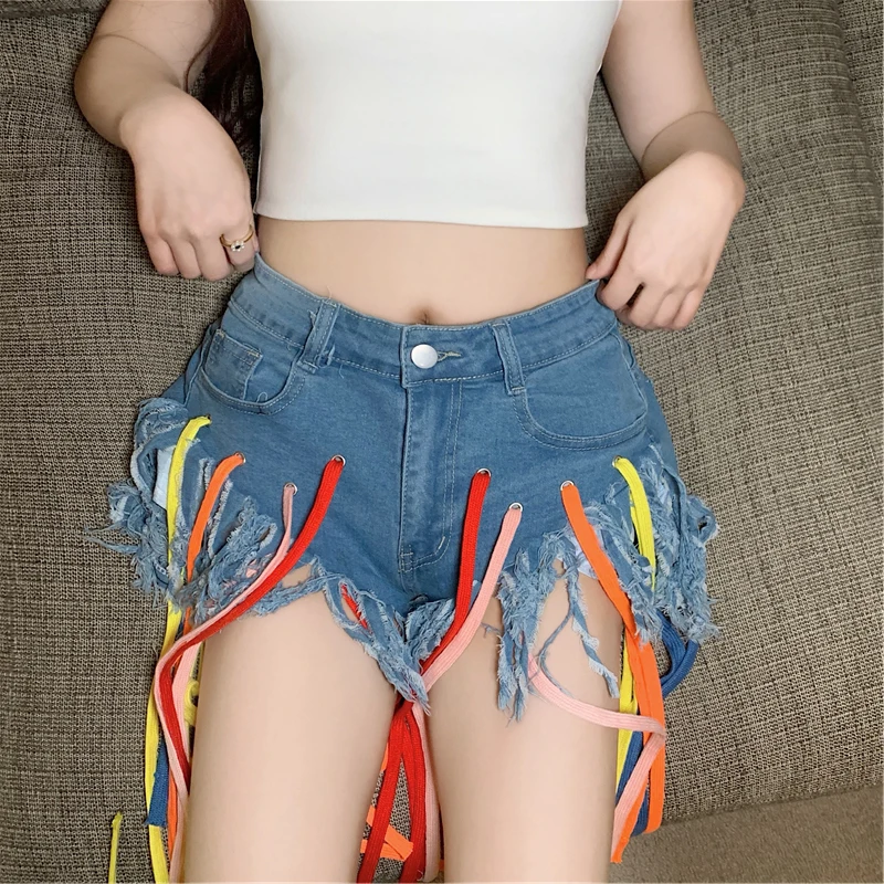 Y2k Girl Colorful Webbing Eyelet Denim Shorts Blue Punk Women Broken Tassel Short Cotton Jeans 2022 Summer Korean Mujer Pant
Y2k Girl Colorful Webbing Eyelet Denim Shorts Blue Punk Women Broken Tassel Short Cotton Jeans 2022 Summer Korean Mujer Pant