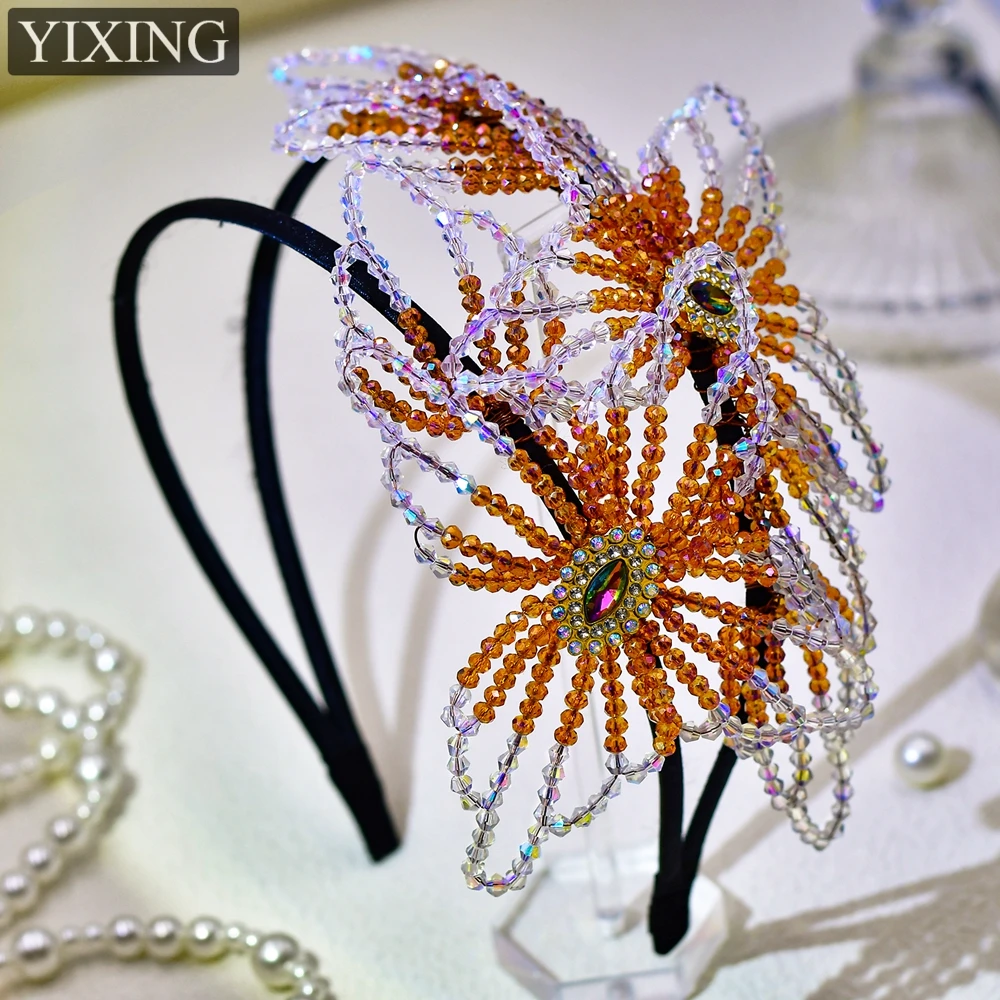 

HNYYX Luxury Headbands Orange Flower Hair Accessories Handmade Crystal Beaded Hairband Party Elegant Hair Jewelry A35