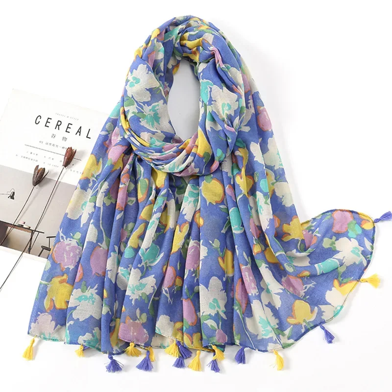 

Ethnic Voile Floral Print Tassel Shawl Sun Protection Warm Women's Fashion Elegant Long Scarf Clothing Accessories Gift