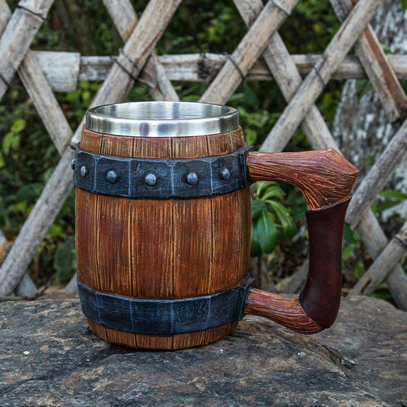 

NEW 3D Wooden Barrel Beer Mug Stainless Steel And Resin Eco-Friendly Material Goblet Coffee Cup Wine Glass 600ml BEST GOT Gift