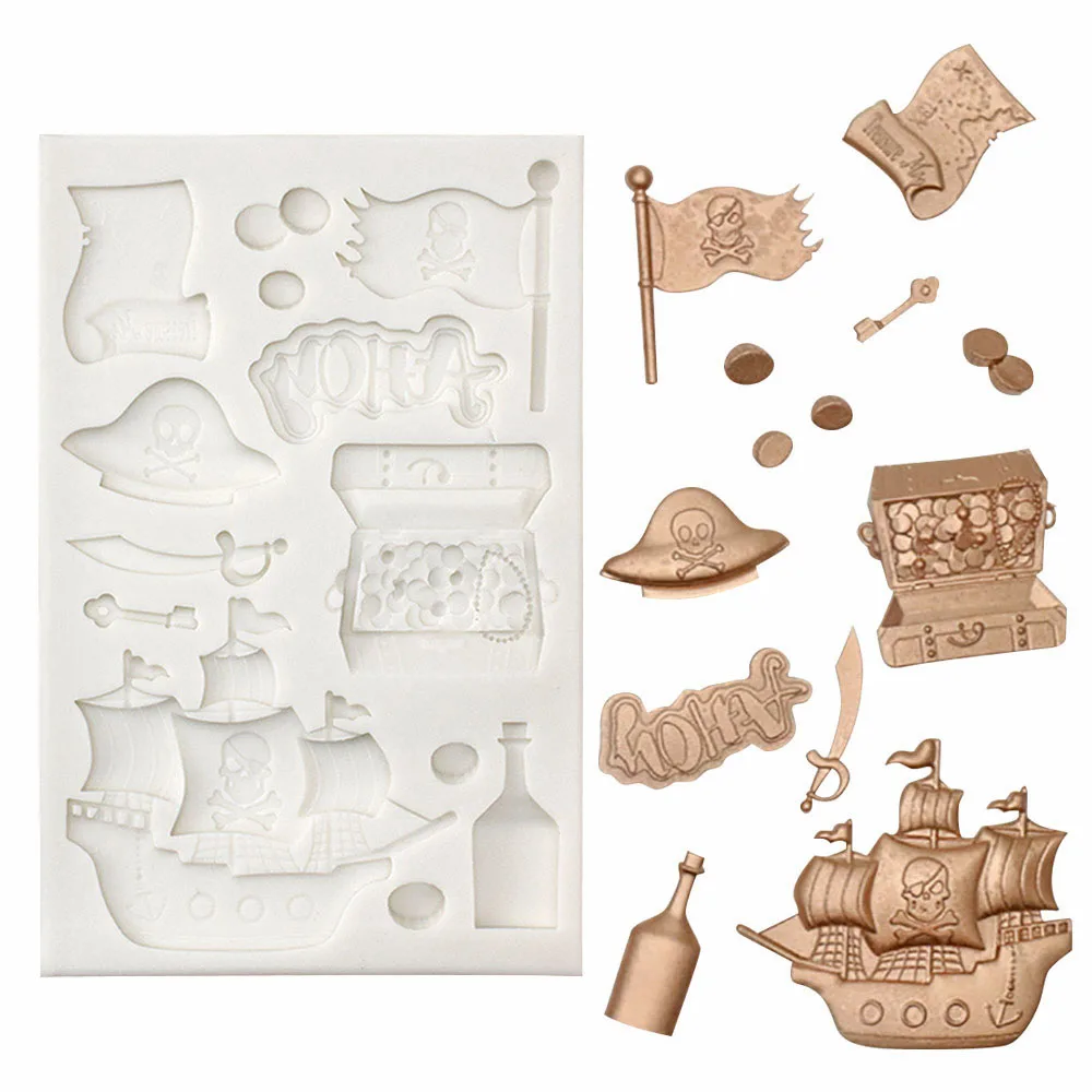 

Silicone Pirates Treasure Jolly Roger Galleon Mould Icing Fondant Melt Cake Decorating Chocolate Baking Sugarcraft Mold DIY