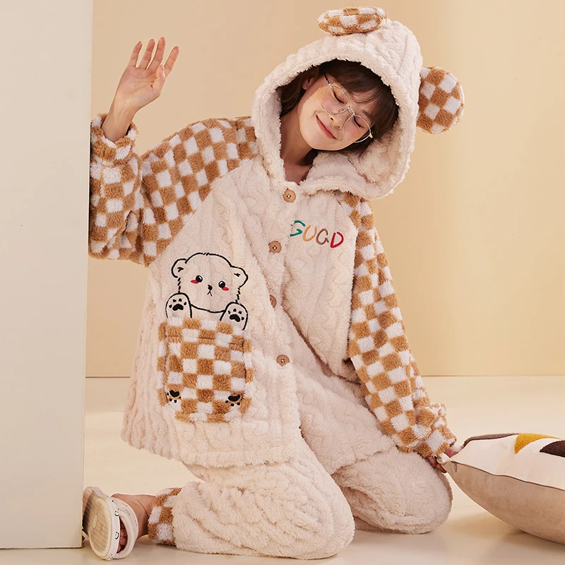 Cartoon Bear Women's Pajamas Sets Winter Flannel Sleepwear Hooded Homewear Pijama Femme Loungewear Thicken Warm Home Pajamas
Cartoon Bear Women's Pajamas Sets Winter Flannel Sleepwear Hooded Homewear Pijama Femme Loungewear Thicken Warm Home Pajamas
