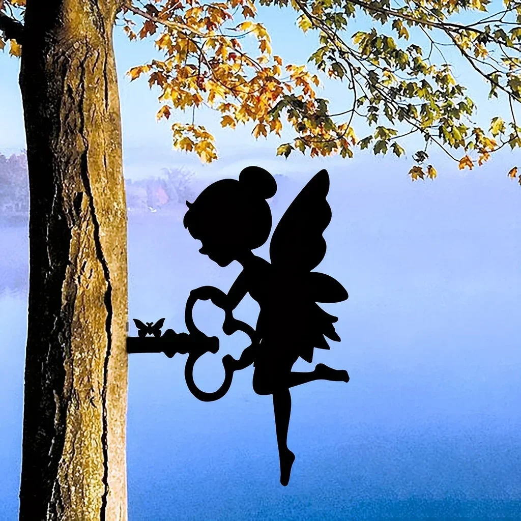 

CIFBUY Decoration Add A Magical Touch To Your Home Metal Outdoor Decoration Cute Elf on Branch Steel Silhouette Metal Wall Art S