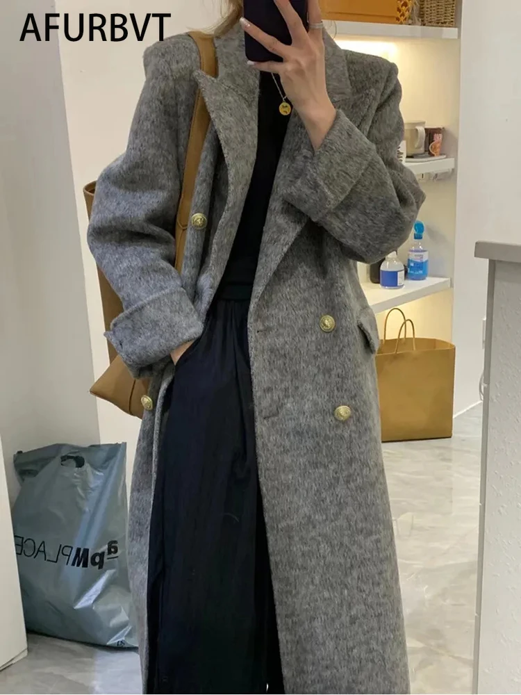 

Женское длинное шерстяное пальто, элегантное модное серое пальто из искусственной шерсти для офиса, простая универсальная верхняя одежда с длинным рукавом, зима