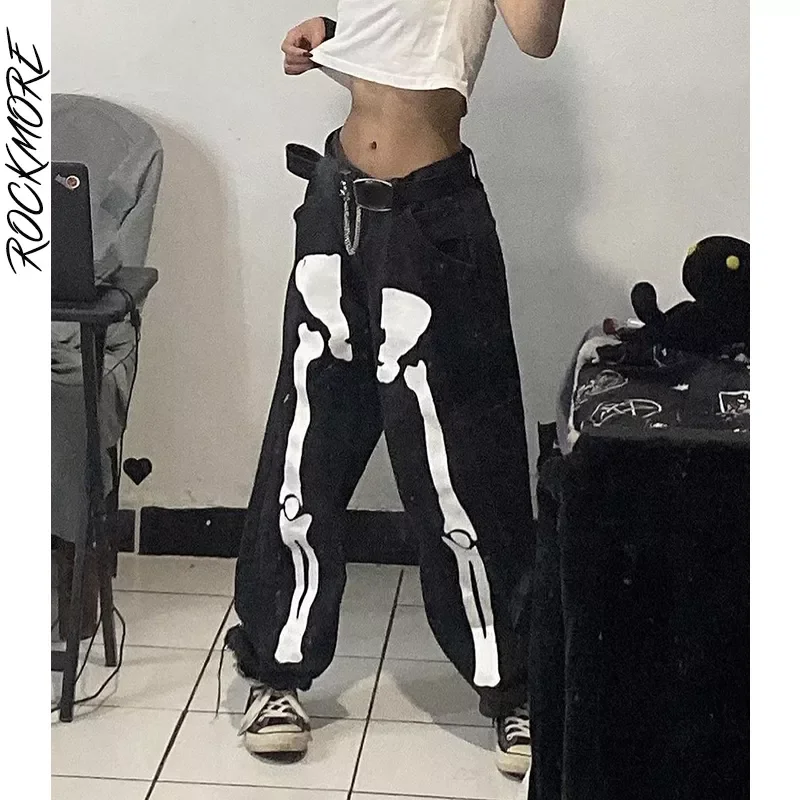 

Baggy Skull Print Jeans Woman Low Waist Cargo Pants Boyfriend Wide Leg Denim Trouser Streetwear Hip Hop Jean Grunge