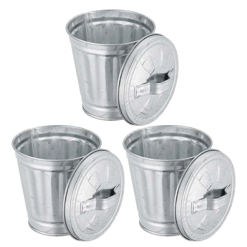 

3 Pcs Mini Trash Can Rubbish Bin Desktop Flowerpots Wastebasket Iron Garbage Container with Lids Office Adorable