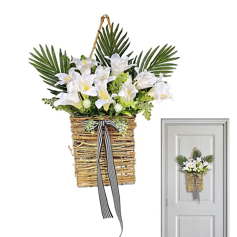 

Front Door Floral Basket Artificial Simulation Flower Rattan Basket Wreaths for Front Door Decor Hydrangea Flower Basket