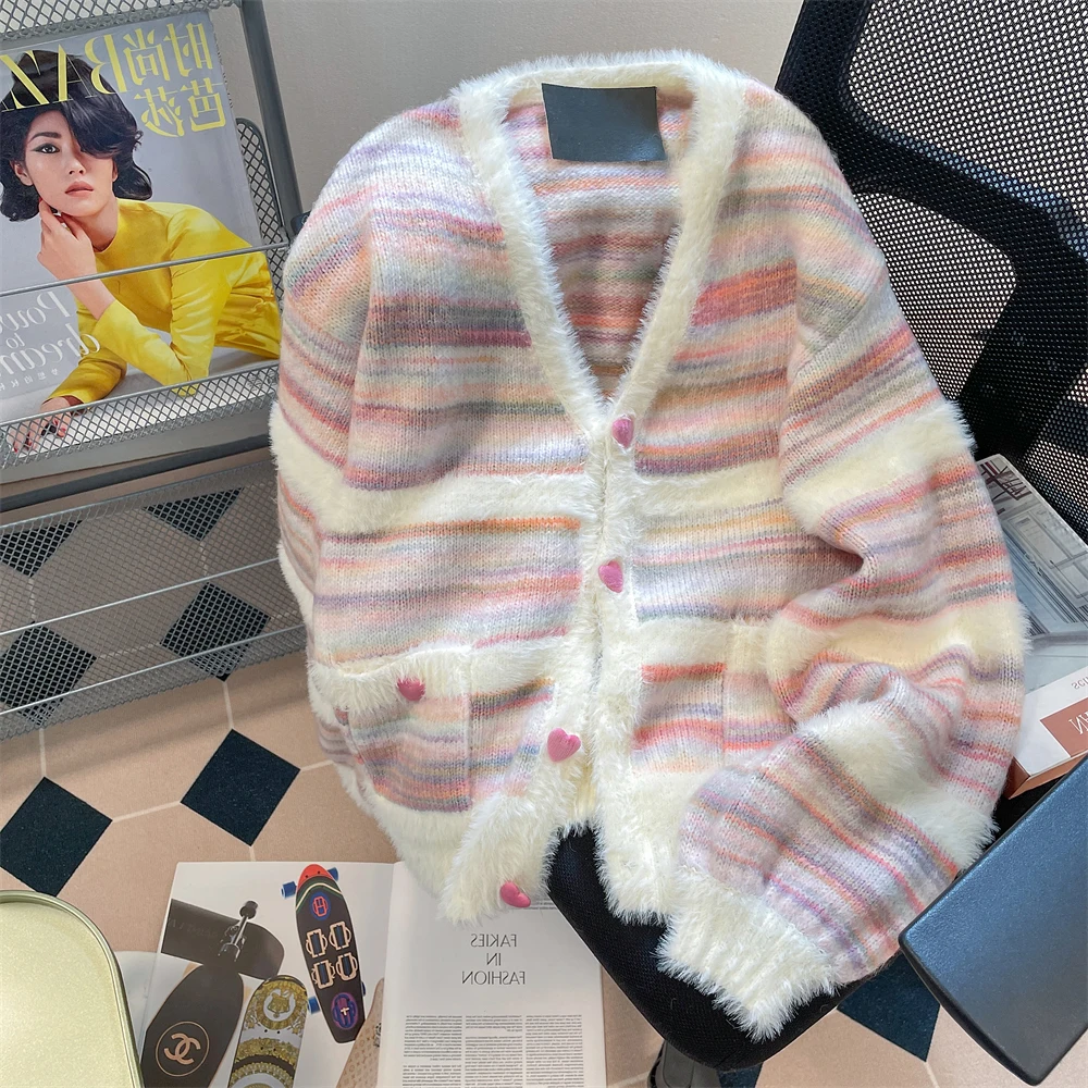 

Женский мягкий мохеровый свитер контрастных цветов, свободный трикотажный пиджак с V-образным вырезом, однобортный повседневный жакет в полоску с пуговицами в форме сердца