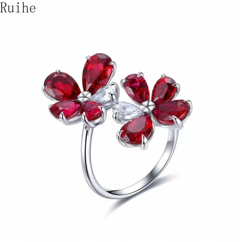 

Ruihe New Luxury Flowers Shape 925 Silver 5.82ct Lab Grown Ruby Simulated Diamond Ring for Women Daily Office Jewelry