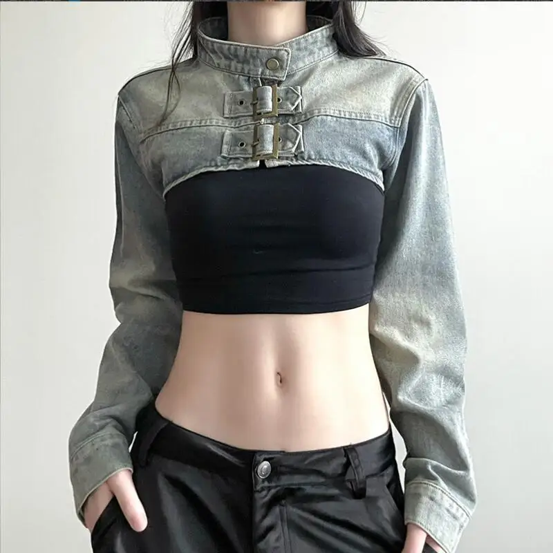 

Woman Short Denim Patchwork Cardigan Tops Long Sleeve Design Grunge Cyber Punk Stand Collar Full Zip Cropped Jacket Y2k w948