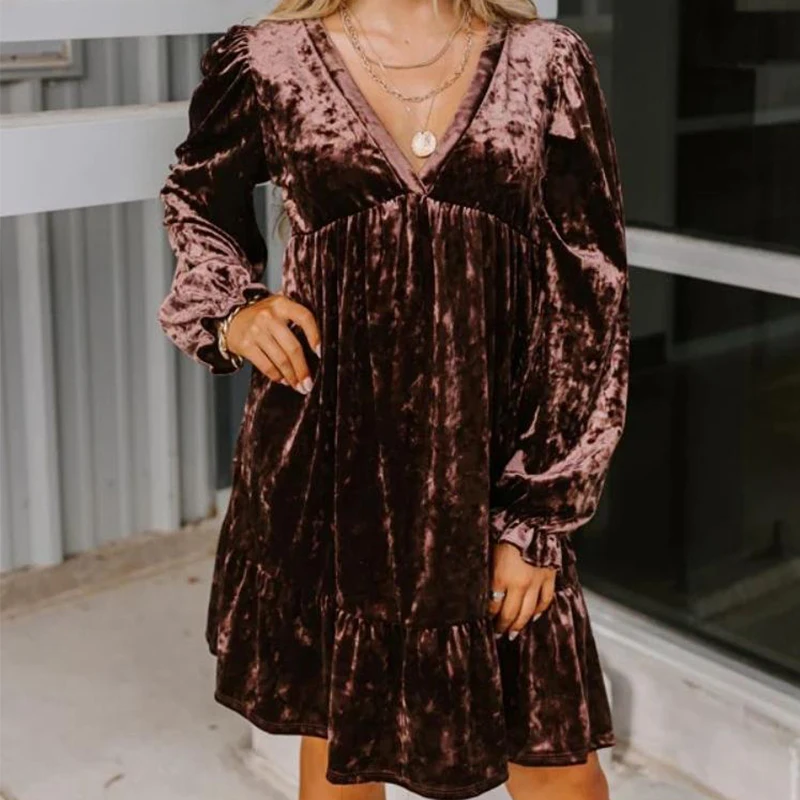 Sexy Deep V-neck High Waist Velvet Dress Women Autumn Solid Pleated A-Line Mini Dress Autumn Long Sleeve Loose Party Dress Mujer
Sexy Deep V-neck High Waist Velvet Dress Women Autumn Solid Pleated A-Line Mini Dress Autumn Long Sleeve Loose Party Dress Mujer