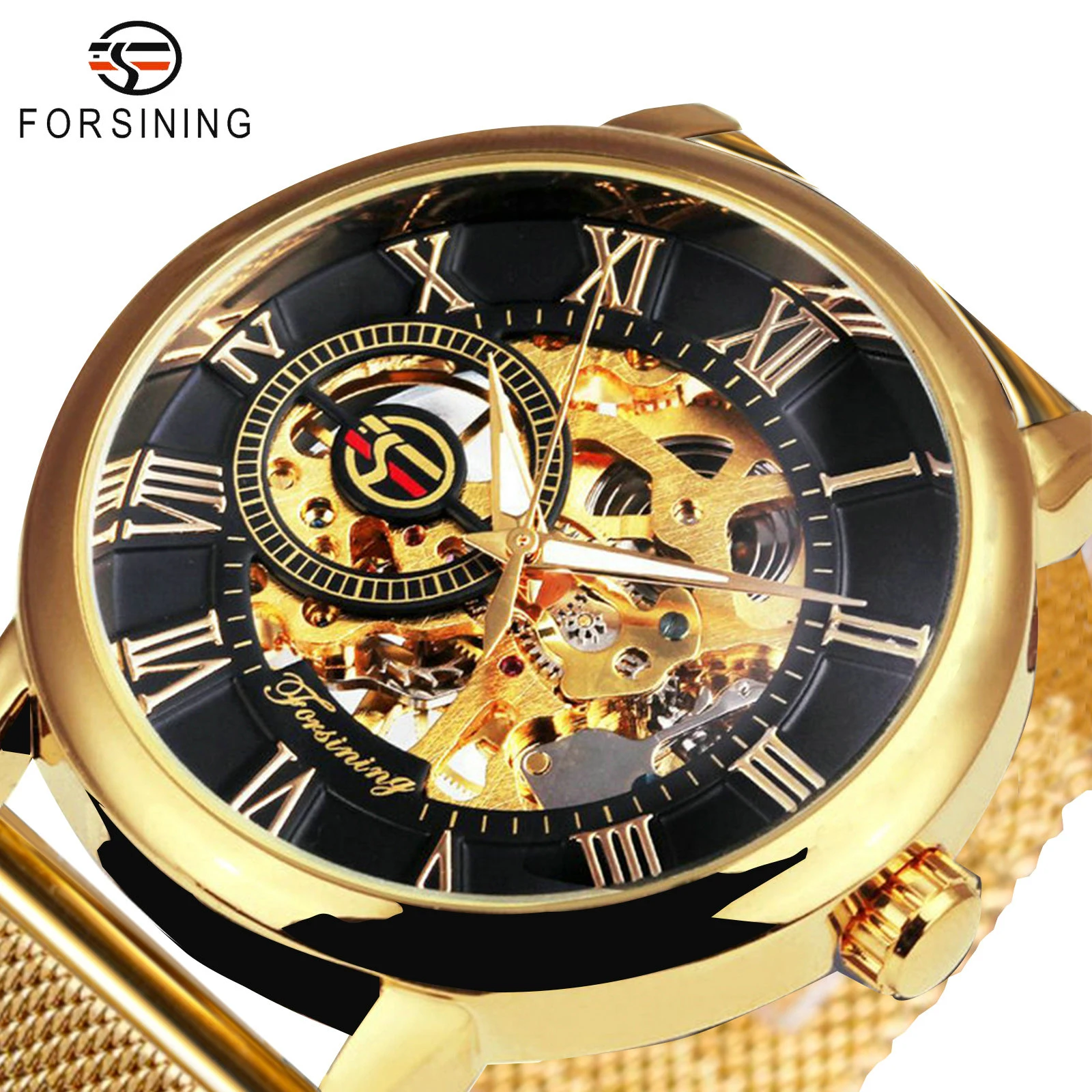 

Classic Hand Winding Watches for Men Luminous Luxury Retro Gold Skeleton Mechanical Watch Mesh Stainless Steel Strap Forsining