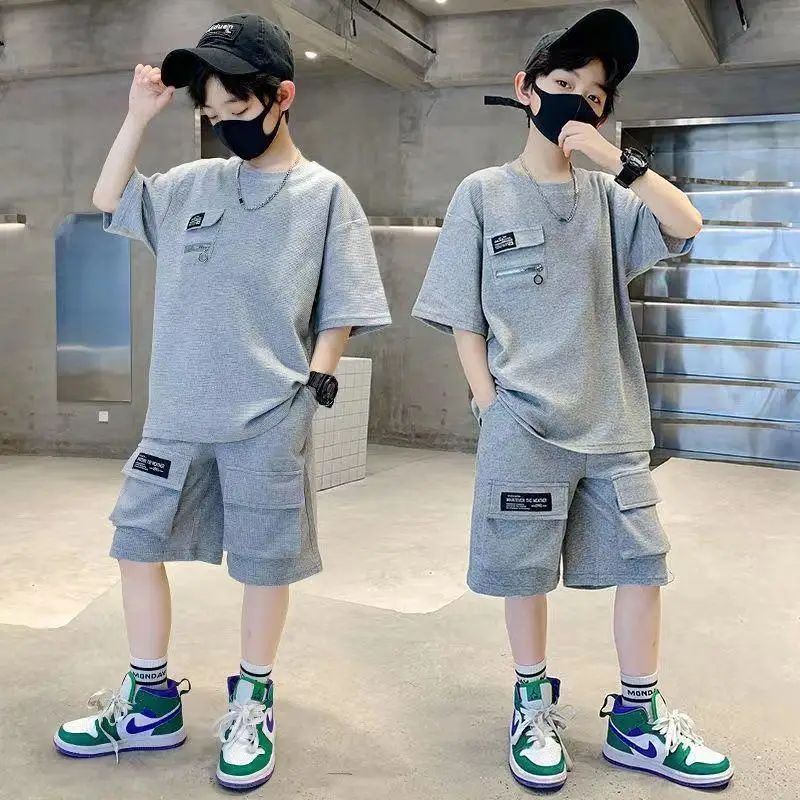 

2024 Summer Casual Baby Boy Clothes Kid Boys Patchwork Pattern T-Shirt with Pocket Shorts Outfits Clothing 5 7 9 11 12 Years