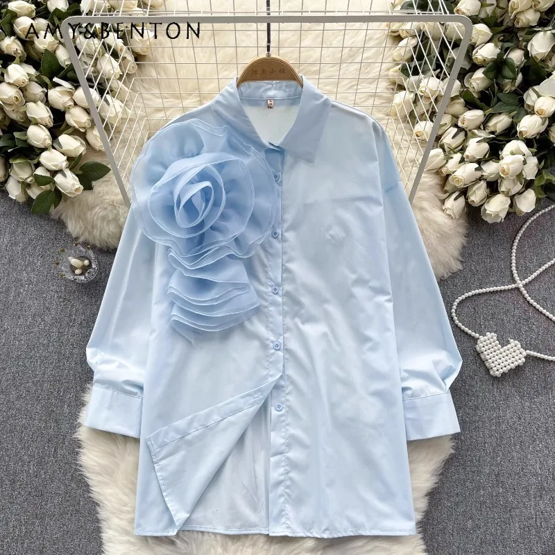 

High-End Three-Dimensional Printed Blusas Women's Spring New Long Sleeved Loose Slimming Fashionable All-Matching Stylish Shirt