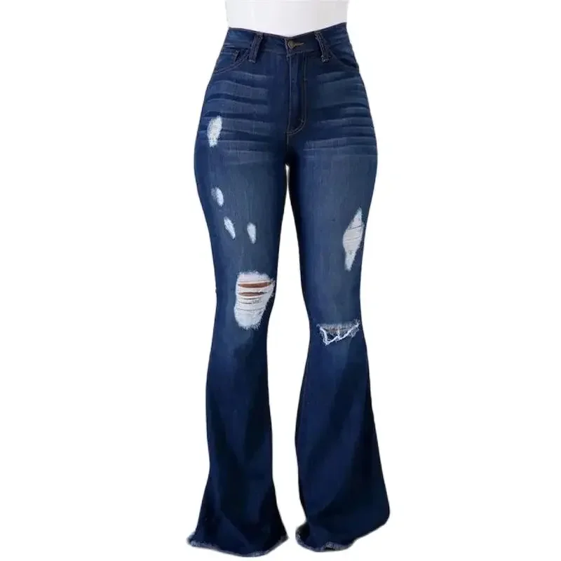 

Women High Waist Flared Jeans Fashion Casual Broken Holes Streetwear Floor-length Trousers Female Commuter Wide Leg Denim Pants