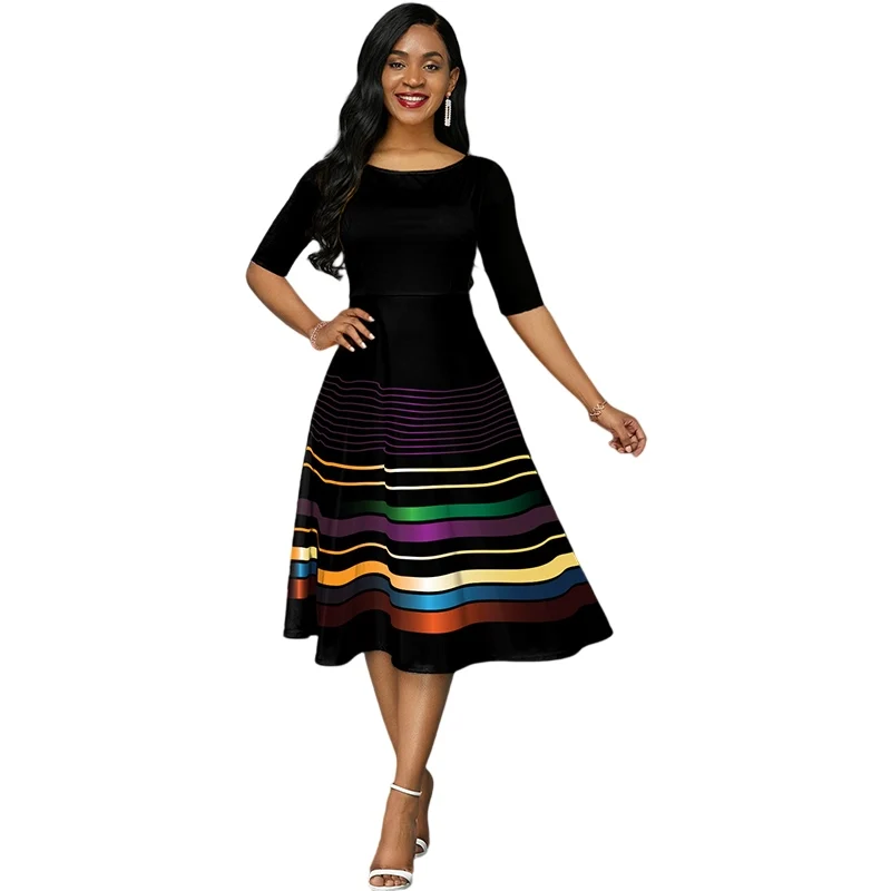 Elegant Office Lady Dress Women Dresses 3D Stripe Printing O-Neck Half Sleeve Summer Elastic Waist Women Clothing Femme Vestidos
Elegant Office Lady Dress Women Dresses 3D Stripe Printing O-Neck Half Sleeve Summer Elastic Waist Women Clothing Femme Vestidos