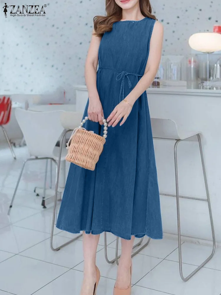 

Vintage Sleeveless Midi Vestidos ZANZEA Women Denim Tank Dress 2024 Summer Round Neck Robe Casual A-line Belted Waisted Dresses