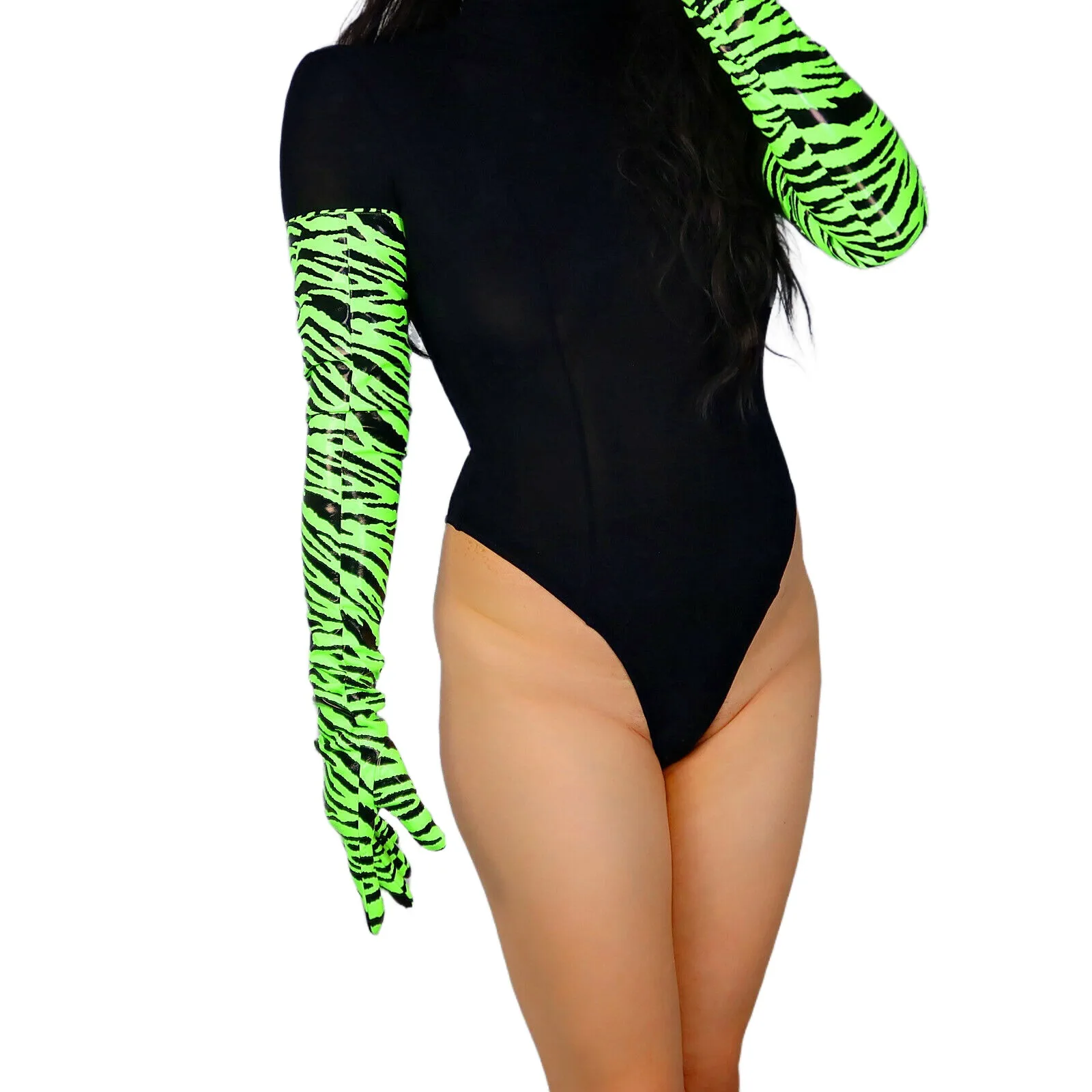 

DooWay Fluorescent Green Zebra Evening Gloves Shine LATEX Patent Leather Wild Animal Print Cosplay Christmas Fashion Show Glove