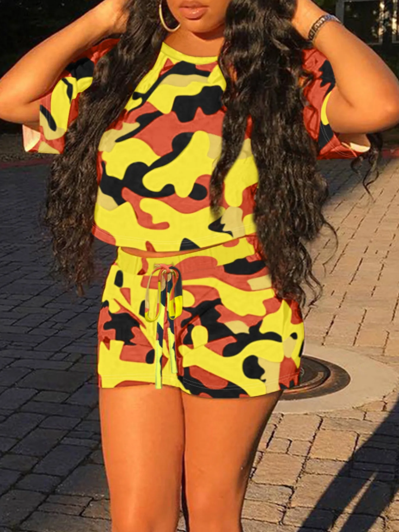 

LW Shorts Set Camo Print Drawstring Shorts Set Summer Color Contrast Two Piece Outfits Matching Suits For Women 2024 XL-5XL