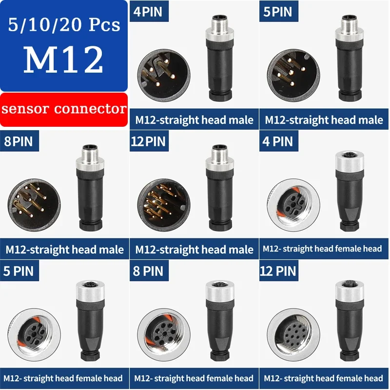 

M12 Waterproof Sensor Connector Screw Threaded Coupling Male & Female Plug 4pin 5pin 8Pin 12Pin A type Aviation connectors